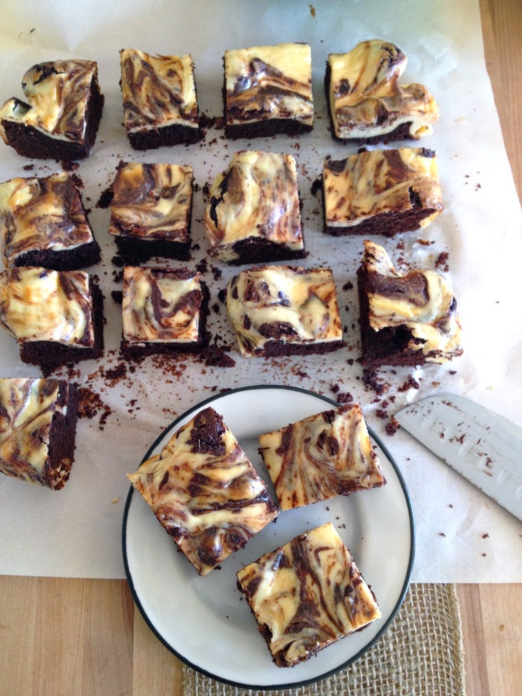 Marbled Cheesecake Brownies | KellyintheKitchen  | For brownie layer: 6 tbsp butter, 1 cup semisweet chocolate chips, 3/4 cup packed brown sugar, splash of vanilla extract, 2 eggs, 1/4 cup unsweetened cocoa powder, 2 packed tbsp coconut flour, 3 tbsp potato starch (I haven’t tried it, but corn starch should work here, too), 1/2 tsp baking soda, 1/4 tsp salt. For cheesecake layer: 8 oz cream cheese, 1/4 cup granulated sugar, 1 tsp vanilla, 1 egg